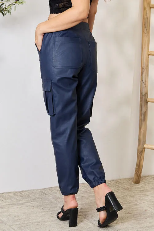 Kancan High Waist Faux Leather Cargo Joggers in Navy