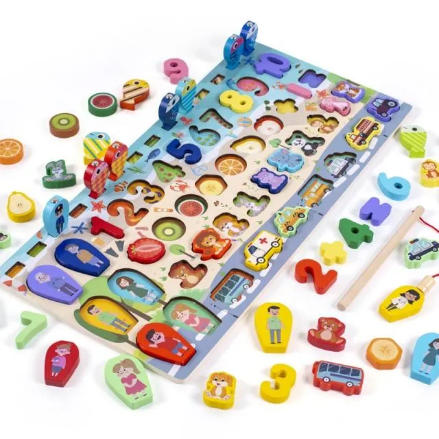 Kids Montessori Math Toys For Toddlers Educational Wooden Puzzle Fishing Toys Count Number Shape Matching Sorter Games Board Toy