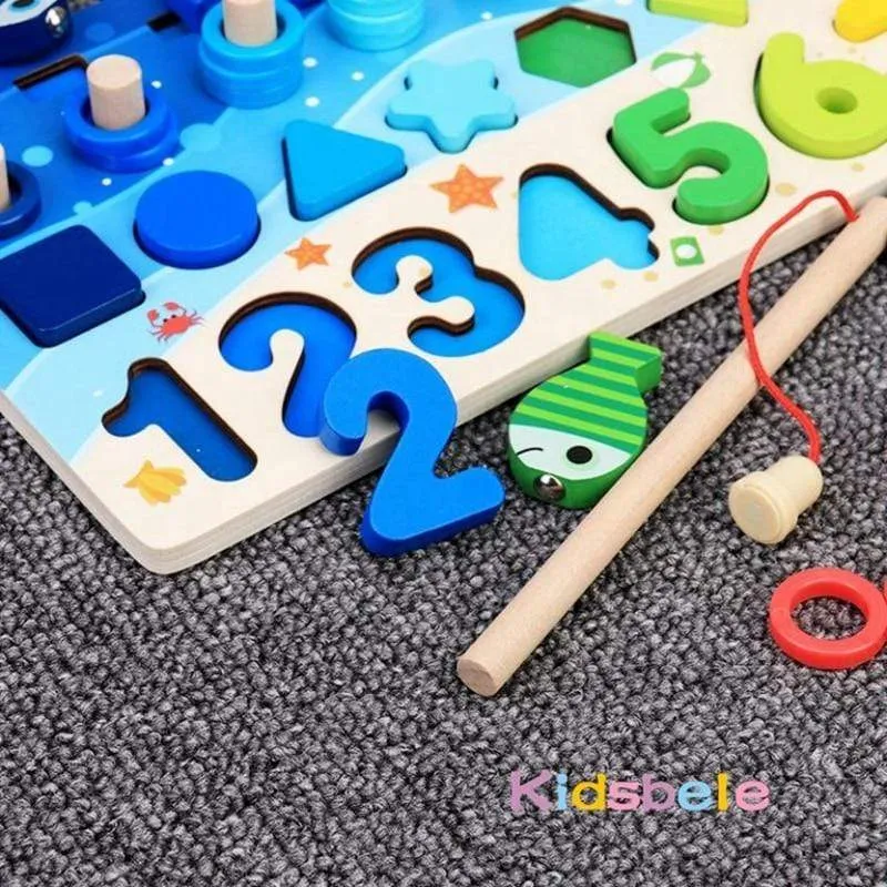 Kids Montessori Math Toys For Toddlers Educational Wooden Puzzle Fishing Toys Count Number Shape Matching Sorter Games Board Toy