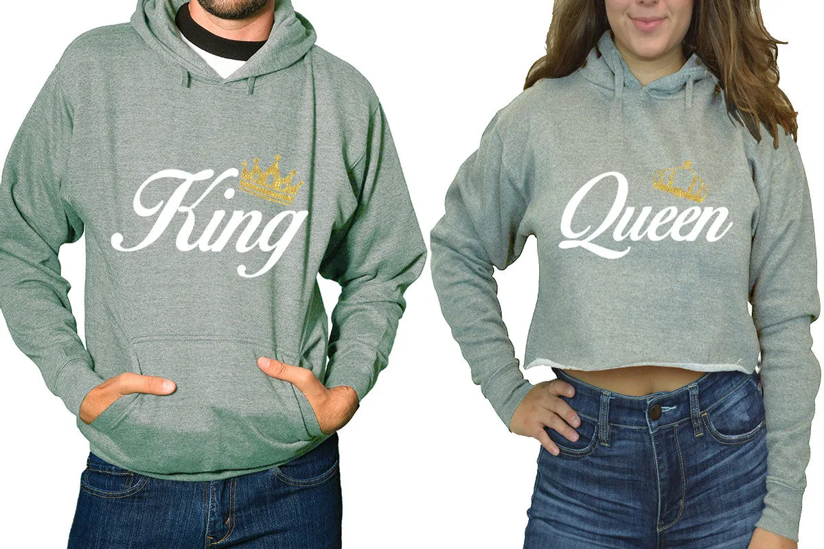 King Queen Couple Matching Ladies Crop Top Hoodie and Mens Pullover Hoodie.