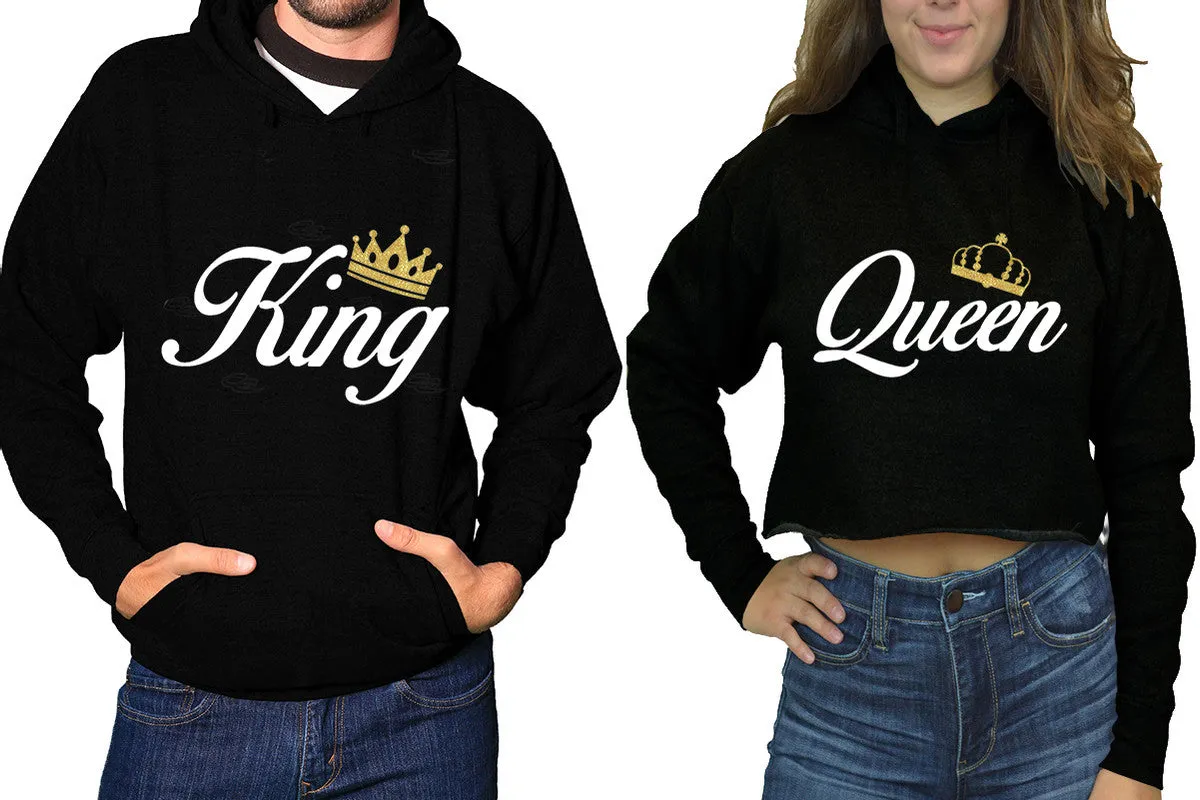 King Queen Couple Matching Ladies Crop Top Hoodie and Mens Pullover Hoodie.