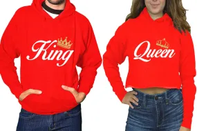 King Queen Couple Matching Ladies Crop Top Hoodie and Mens Pullover Hoodie.