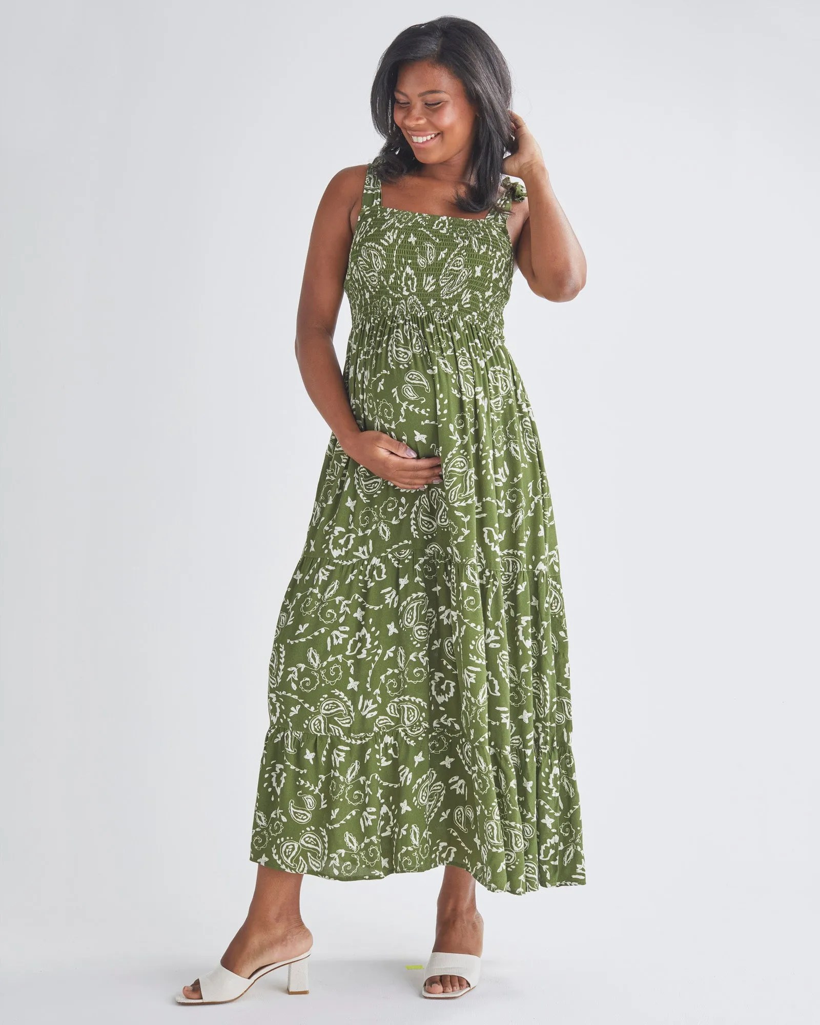 Lilliana Maternity Green Maxi Dress in Paisley