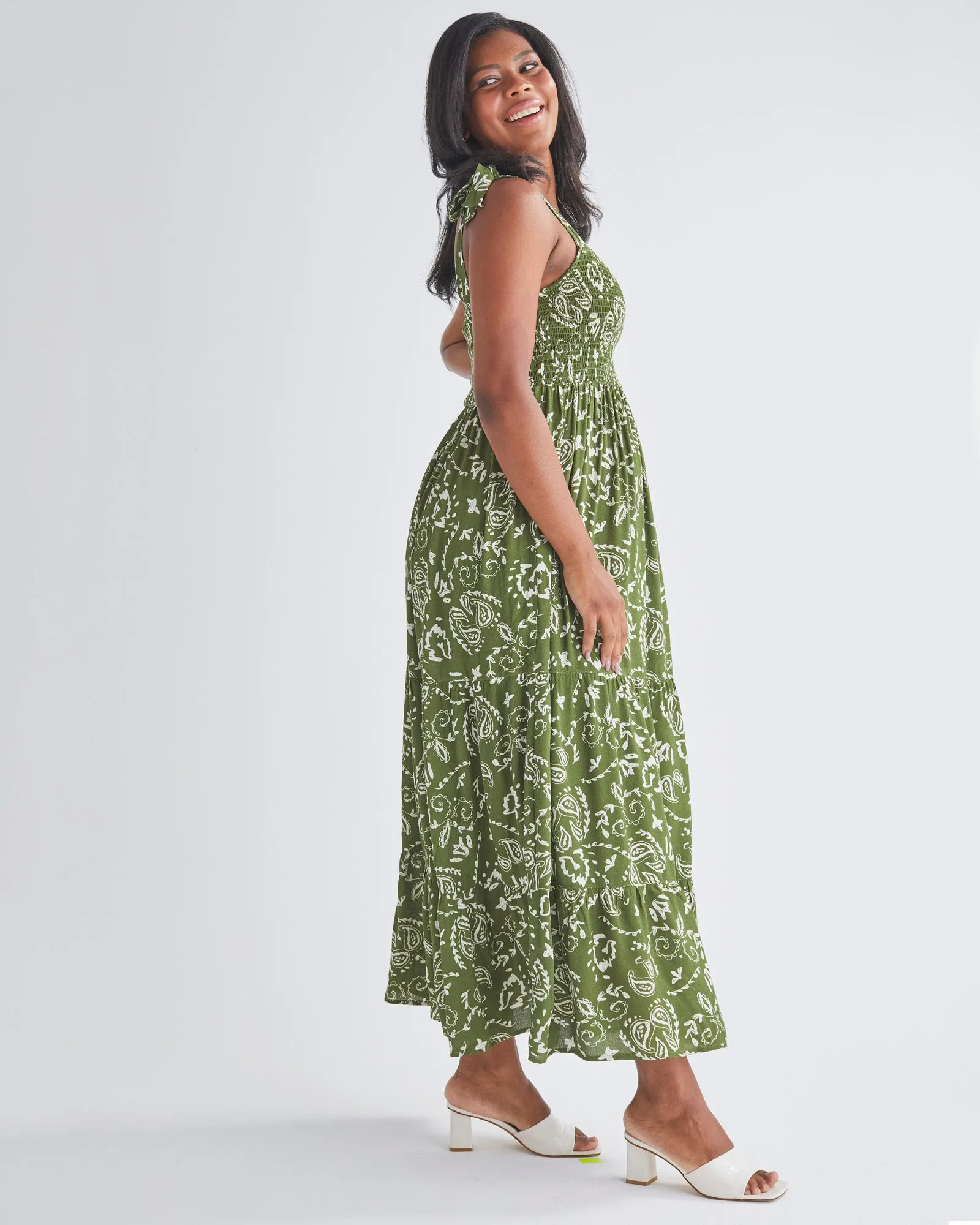 Lilliana Maternity Green Maxi Dress in Paisley