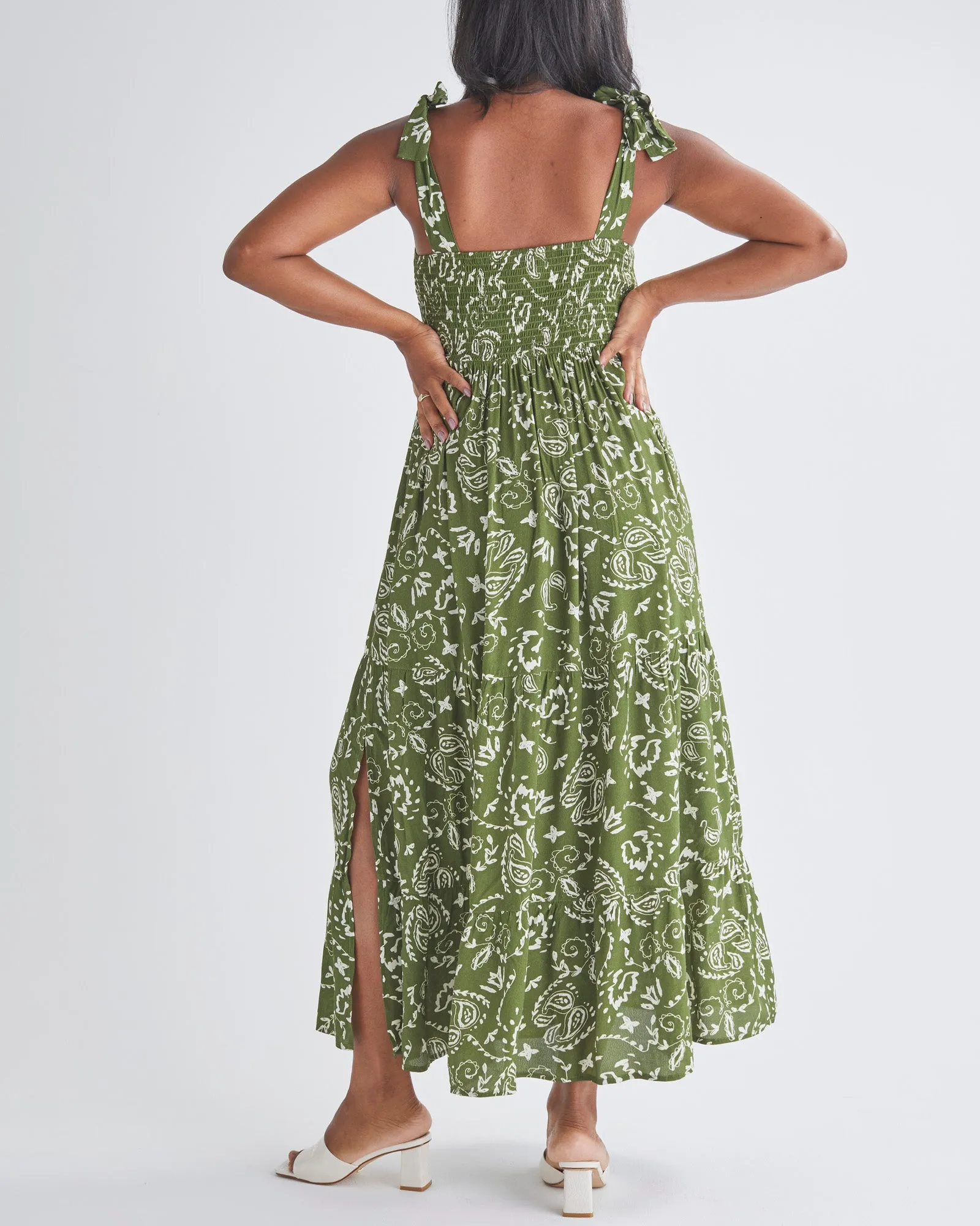 Lilliana Maternity Green Maxi Dress in Paisley