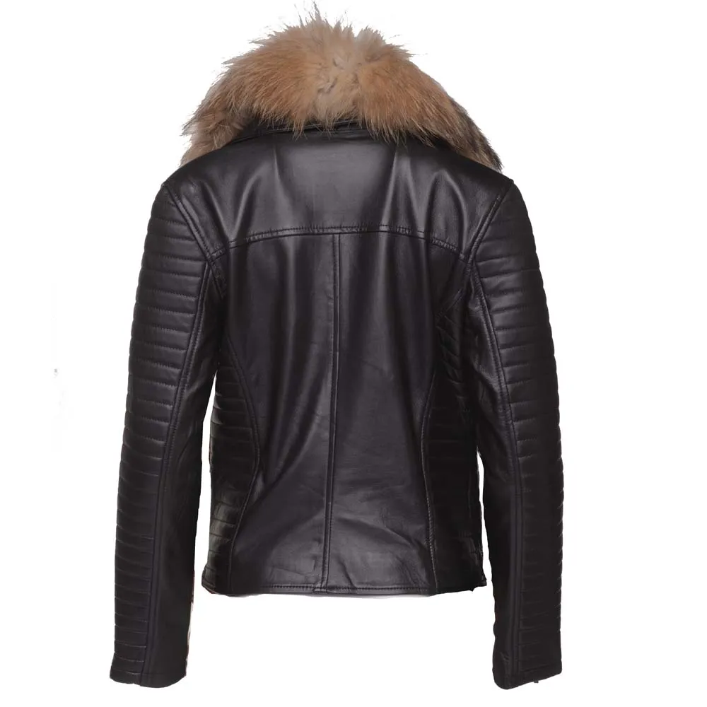 Luciana's Fur Shawl leather jacket with ribbed sleeve detailing