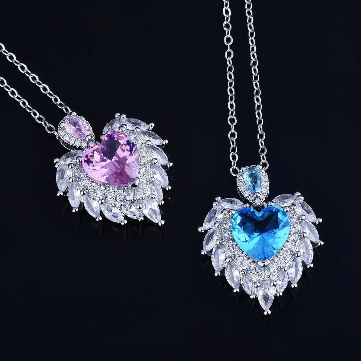 Luxury Temperament Design Angel Wing Simulated Aquamarine/ Amethyst Heart Necklace - 925 Sterling Silver