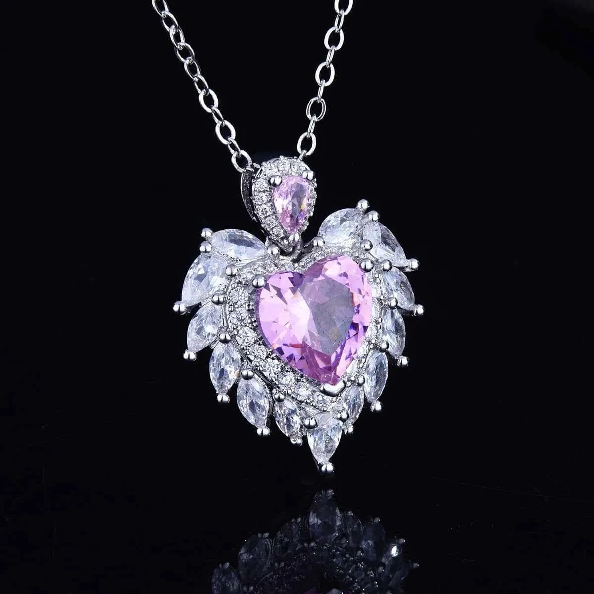 Luxury Temperament Design Angel Wing Simulated Aquamarine/ Amethyst Heart Necklace - 925 Sterling Silver