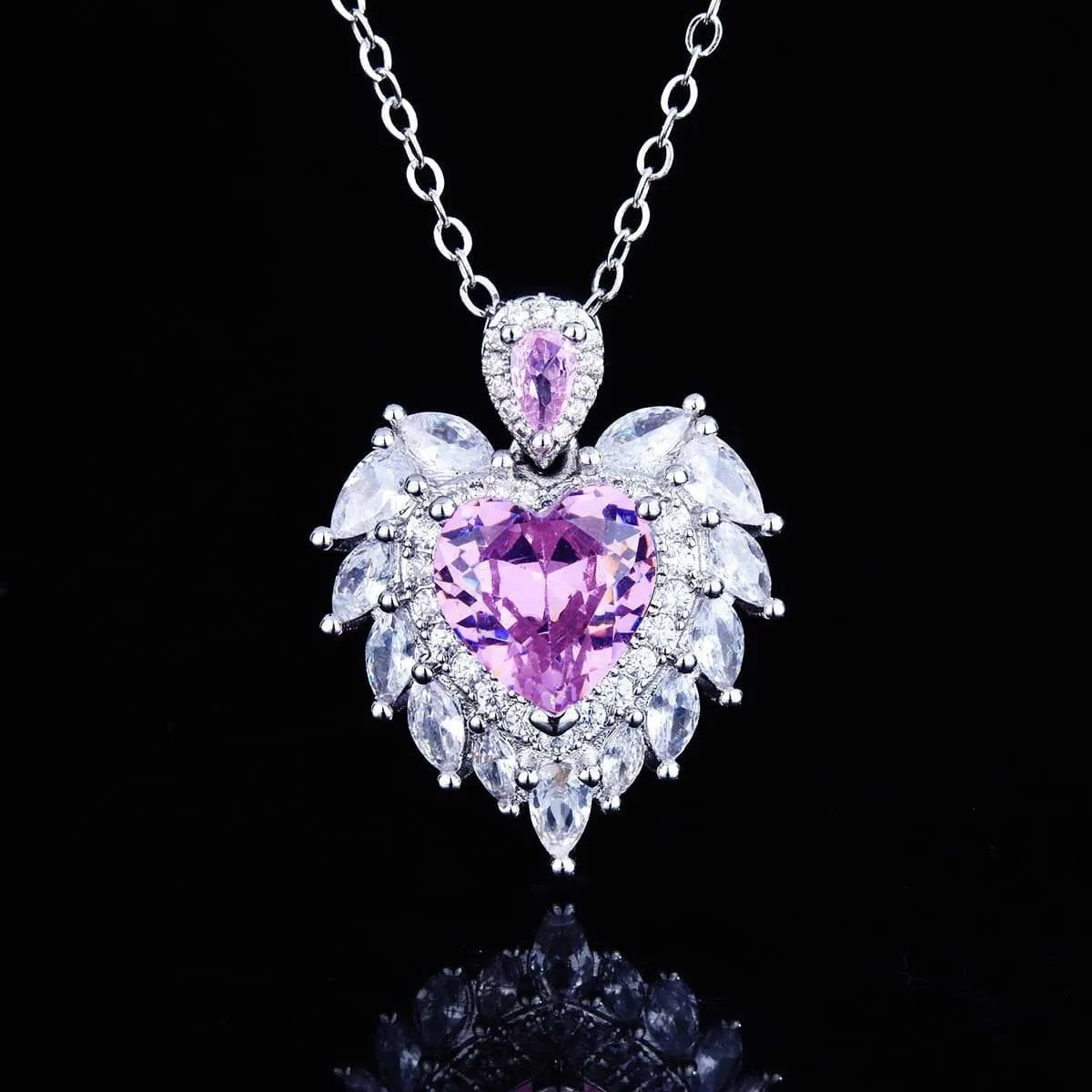 Luxury Temperament Design Angel Wing Simulated Aquamarine/ Amethyst Heart Necklace - 925 Sterling Silver