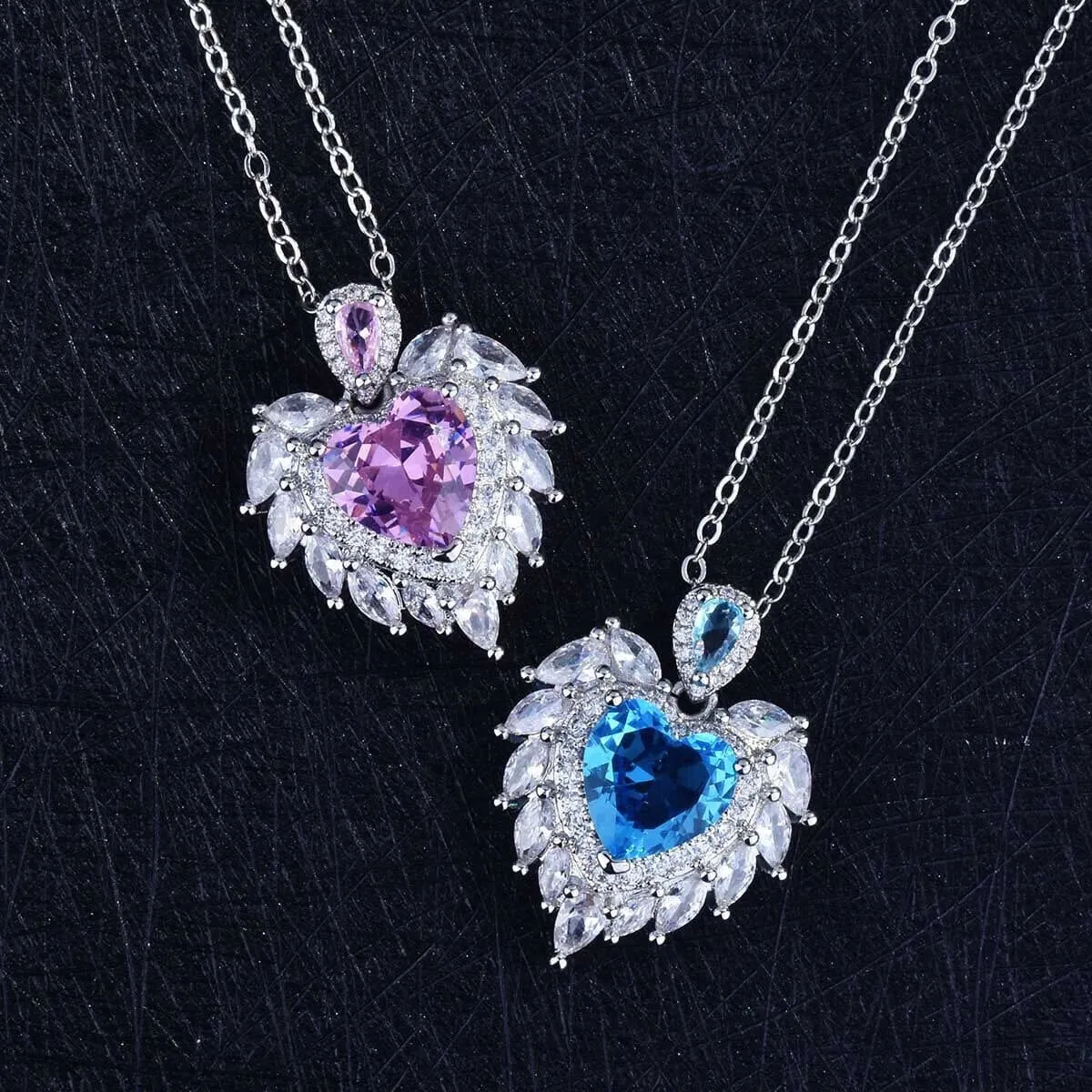 Luxury Temperament Design Angel Wing Simulated Aquamarine/ Amethyst Heart Necklace - 925 Sterling Silver