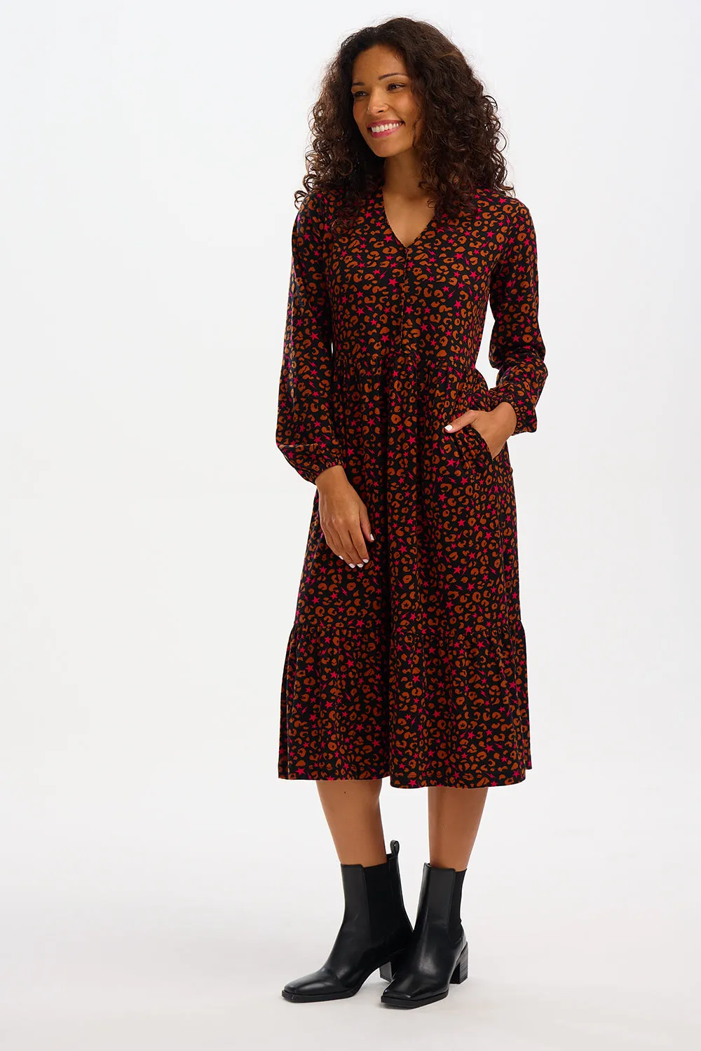 Marion Jersey Midi Smock Dress - Black, Star & Lightning Animal