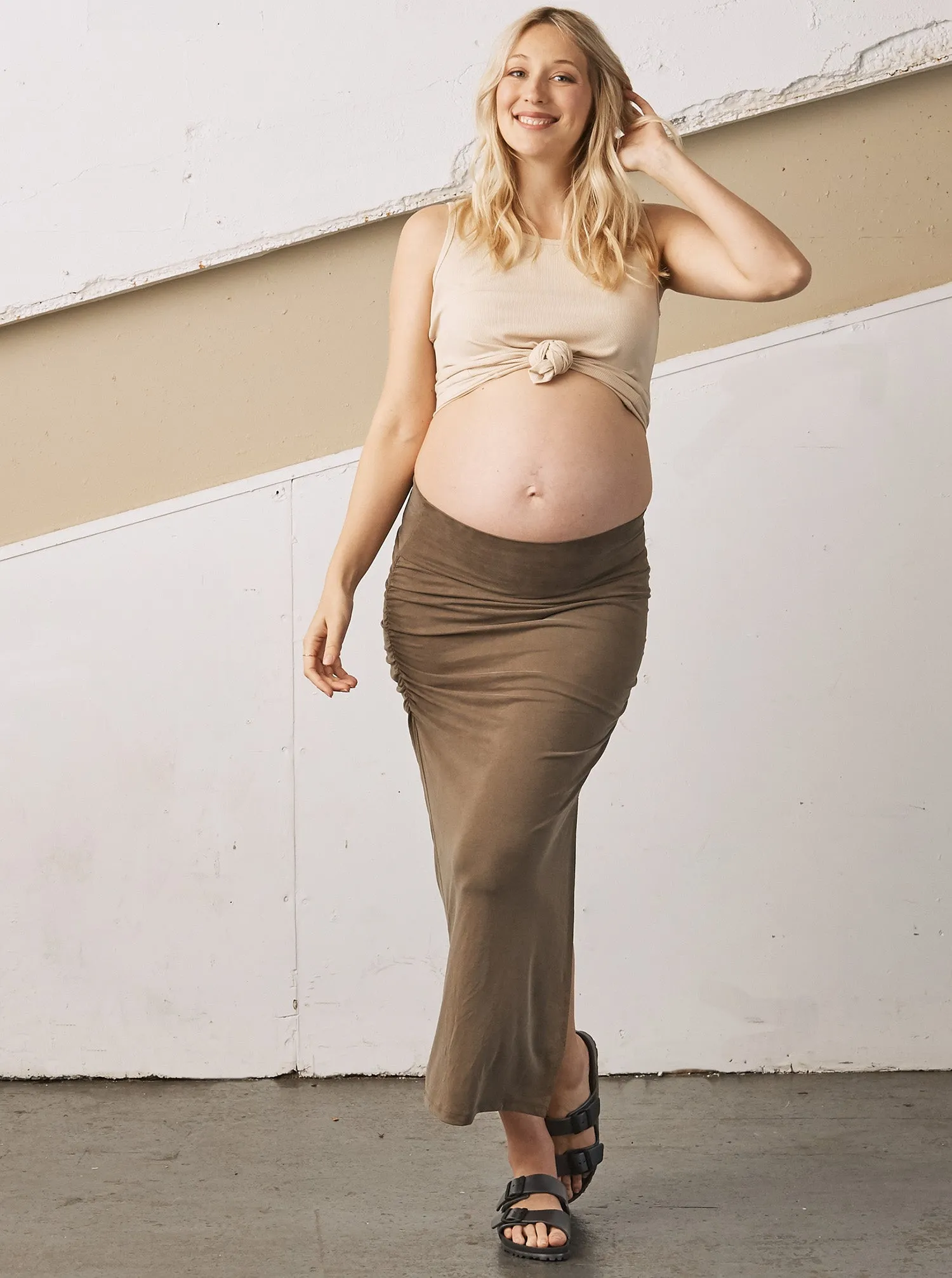 Maternity Side Ruching Textured Maxi Skirt - Khaki