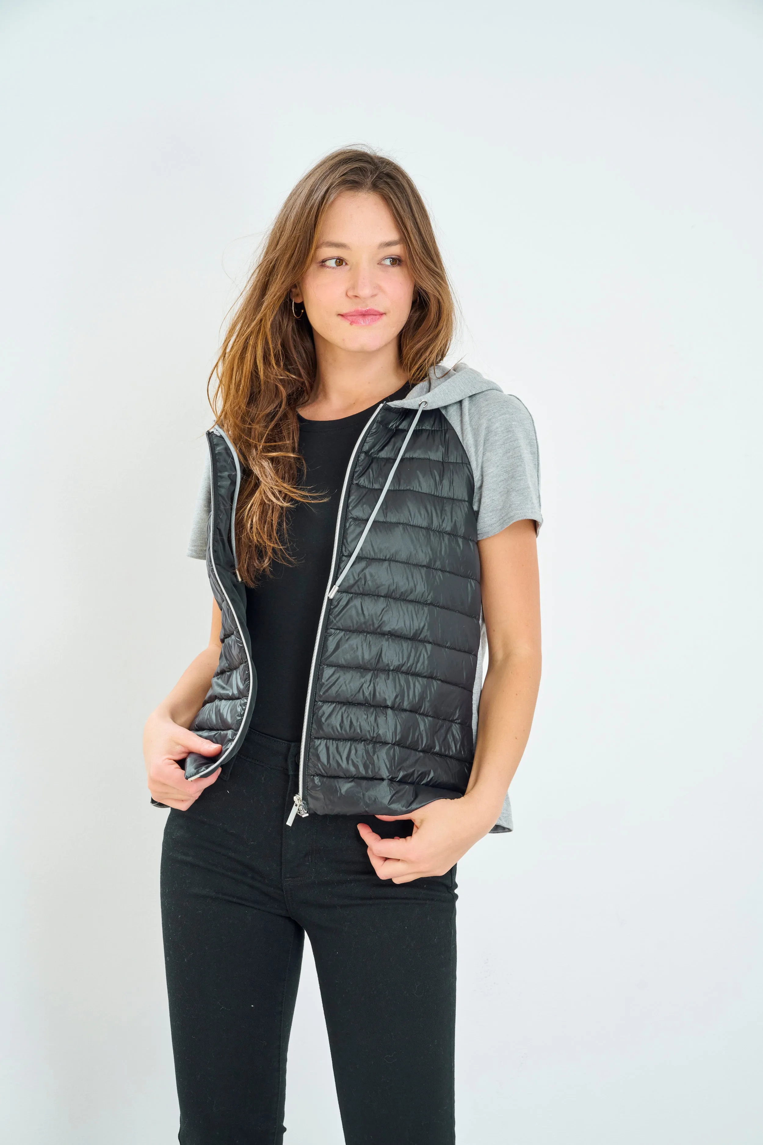 Mixed Short Sleeve Quilted Hoodie