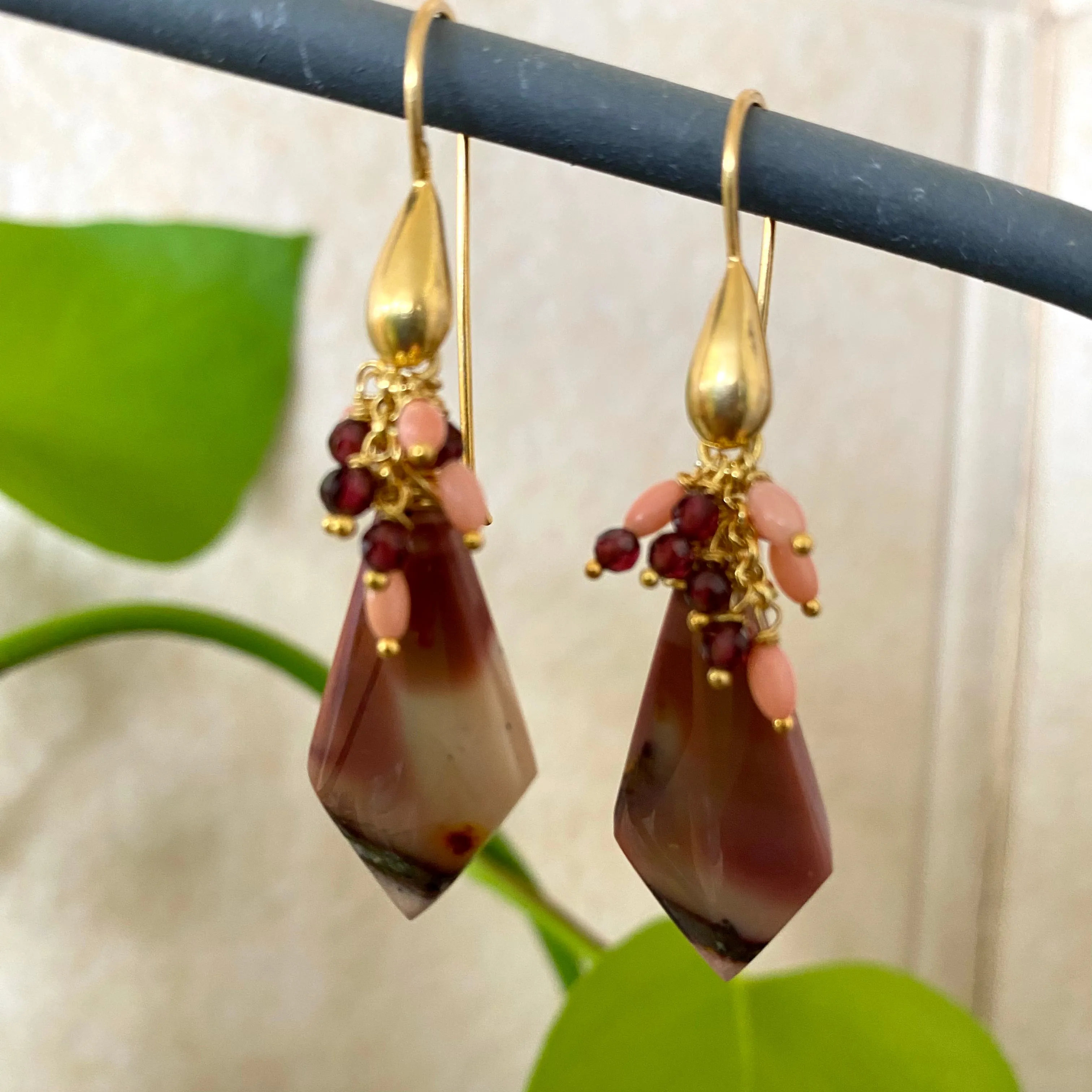 Mookaite Jasper, Garnet and Pink Coral Cluster Earrings, Gold Vermeil, 53MM