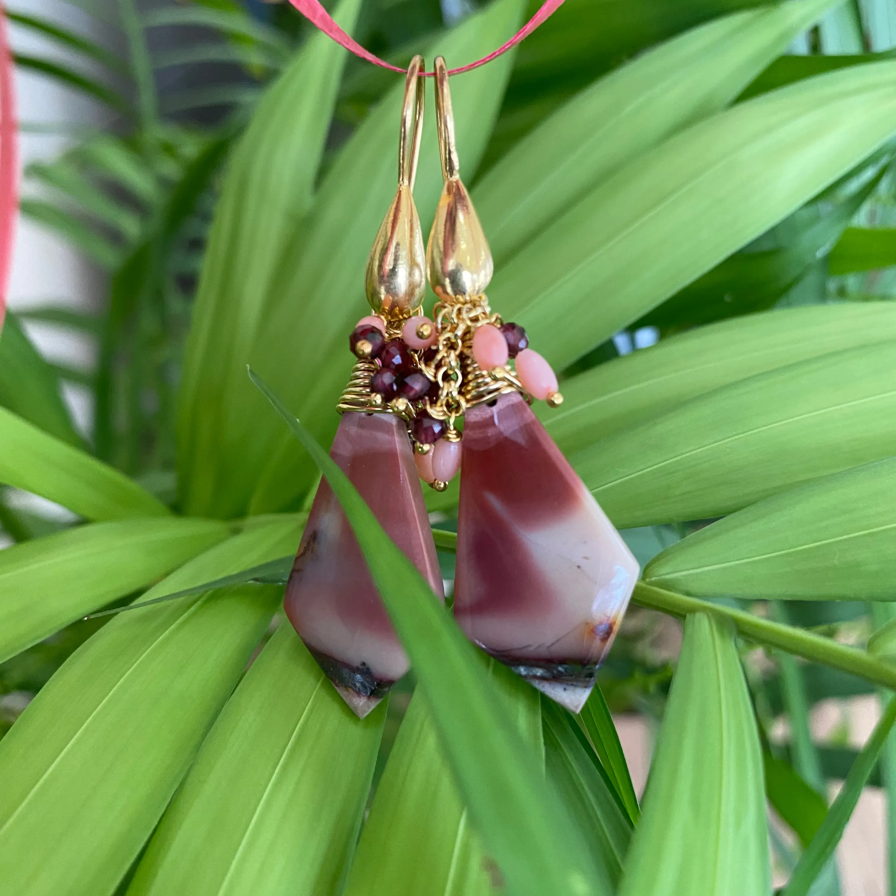 Mookaite Jasper, Garnet and Pink Coral Cluster Earrings, Gold Vermeil, 53MM