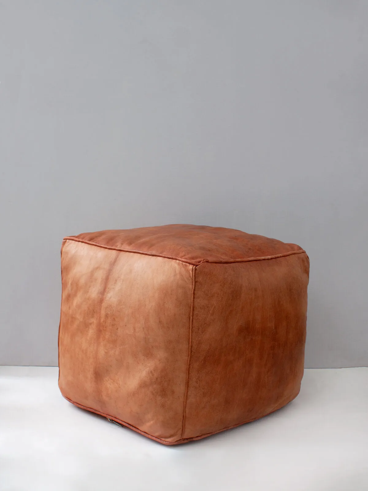 Moroccan Leather Plain Square Pouffe, Light Tan