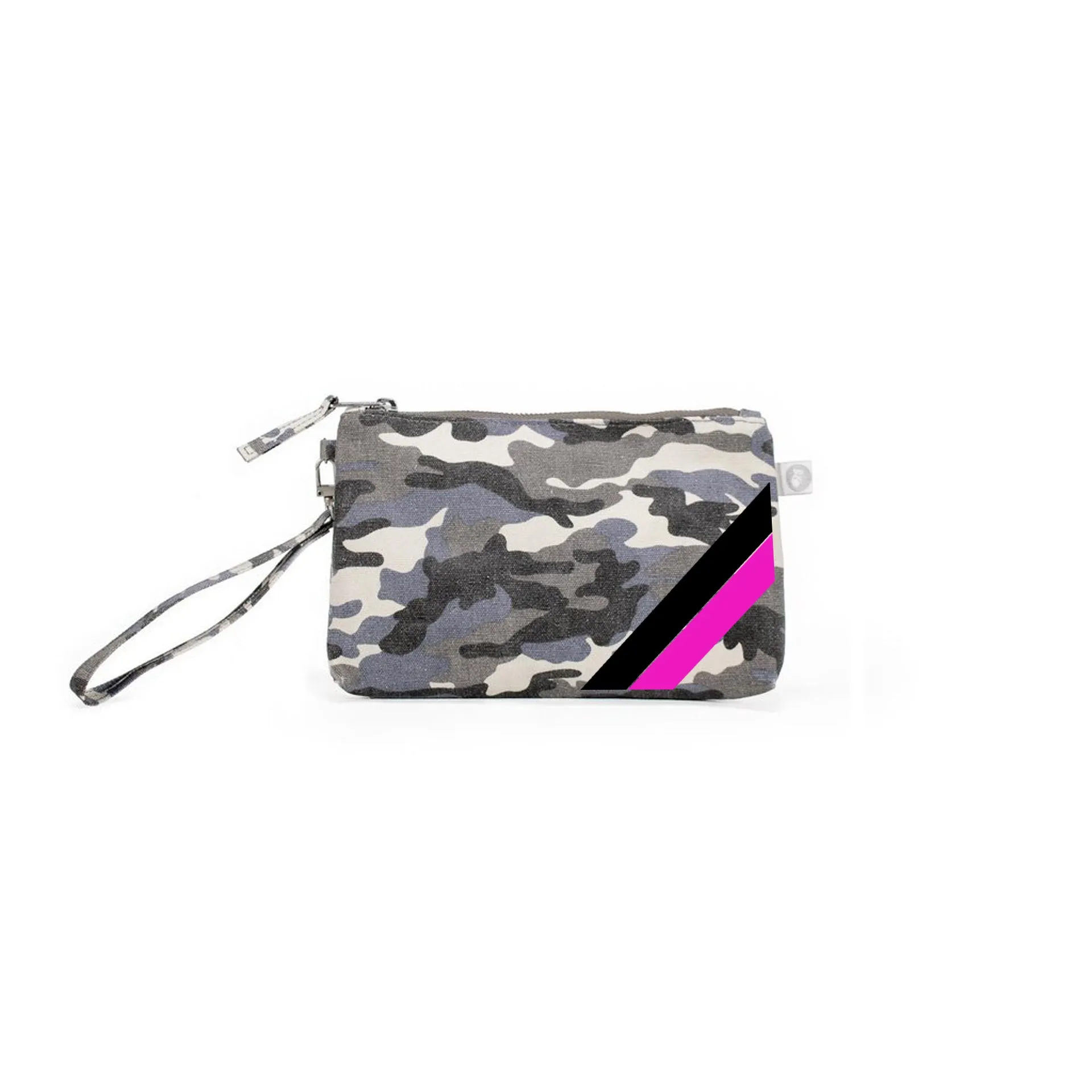 New! Mini Luxe Clutch in Grey Camo with Black/Pink Diagonal Stripe