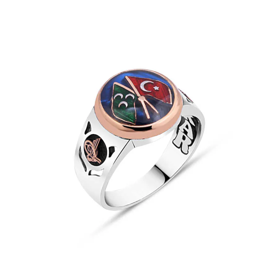 Ottoman And Turkish Flag in Blue Enamel Silver Men's Ring Siding Ottoman Tughra