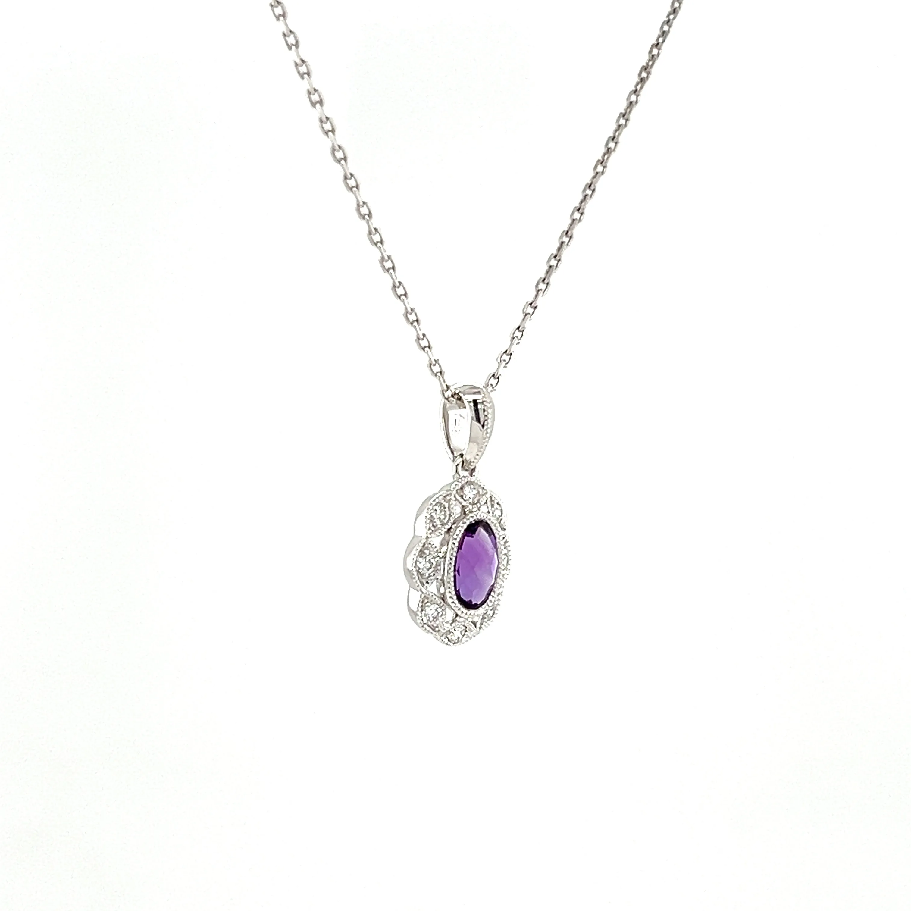 Oval Amethyst Pendant with Diamond Halo in 14K White Gold