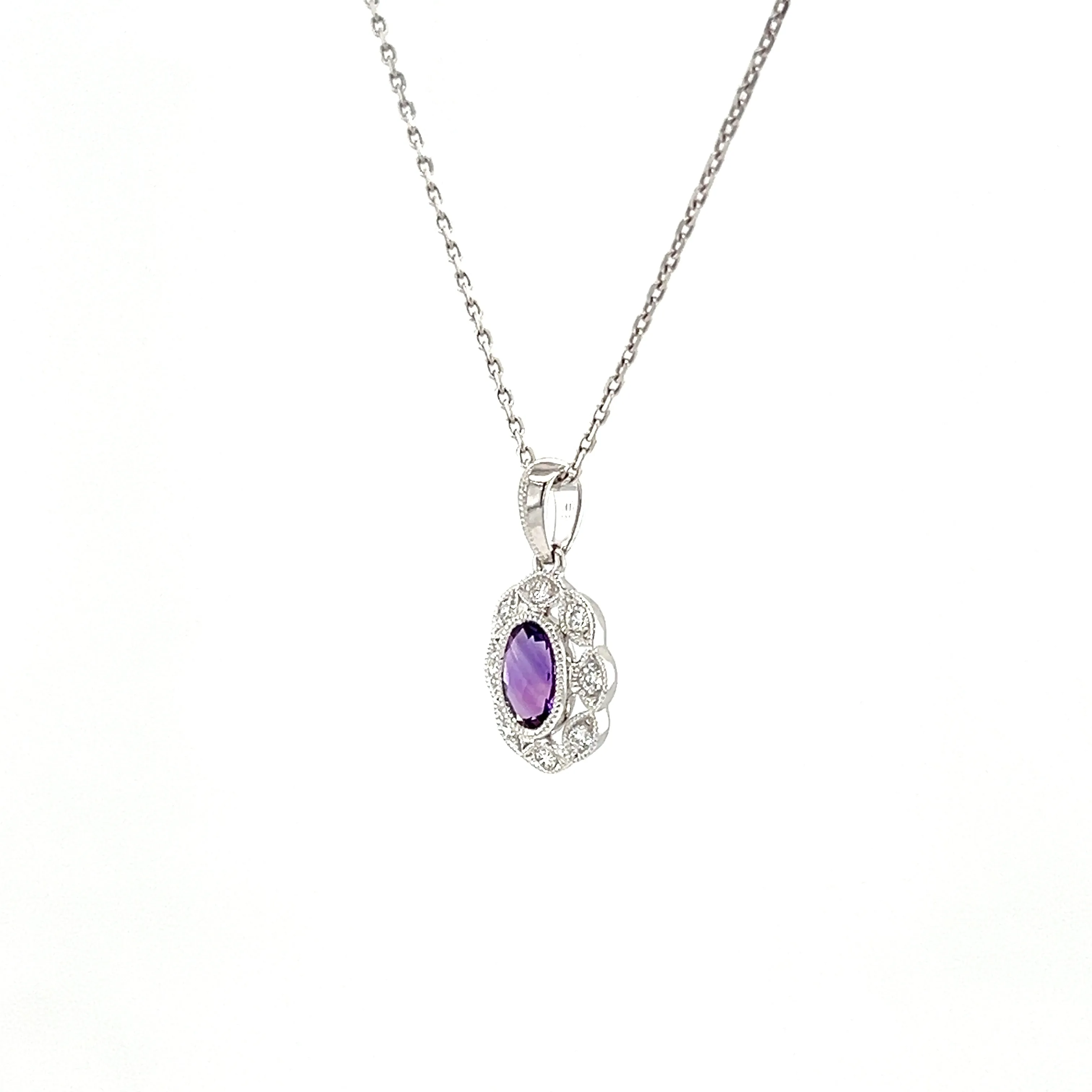 Oval Amethyst Pendant with Diamond Halo in 14K White Gold