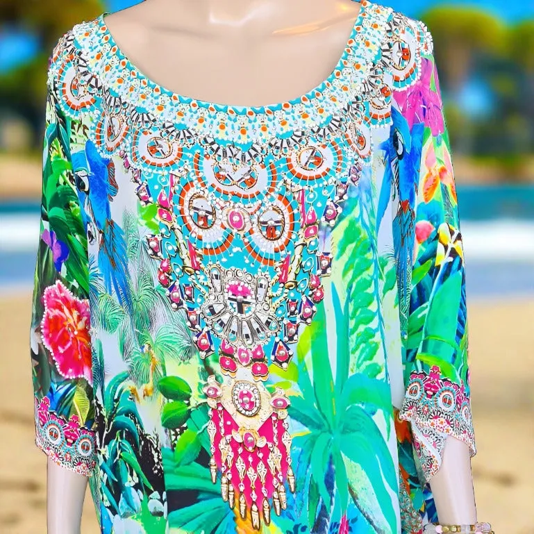 Paradise Resort Batwing Silk Embellished Hi-low Kaftan/Top by Fashion Spectrum