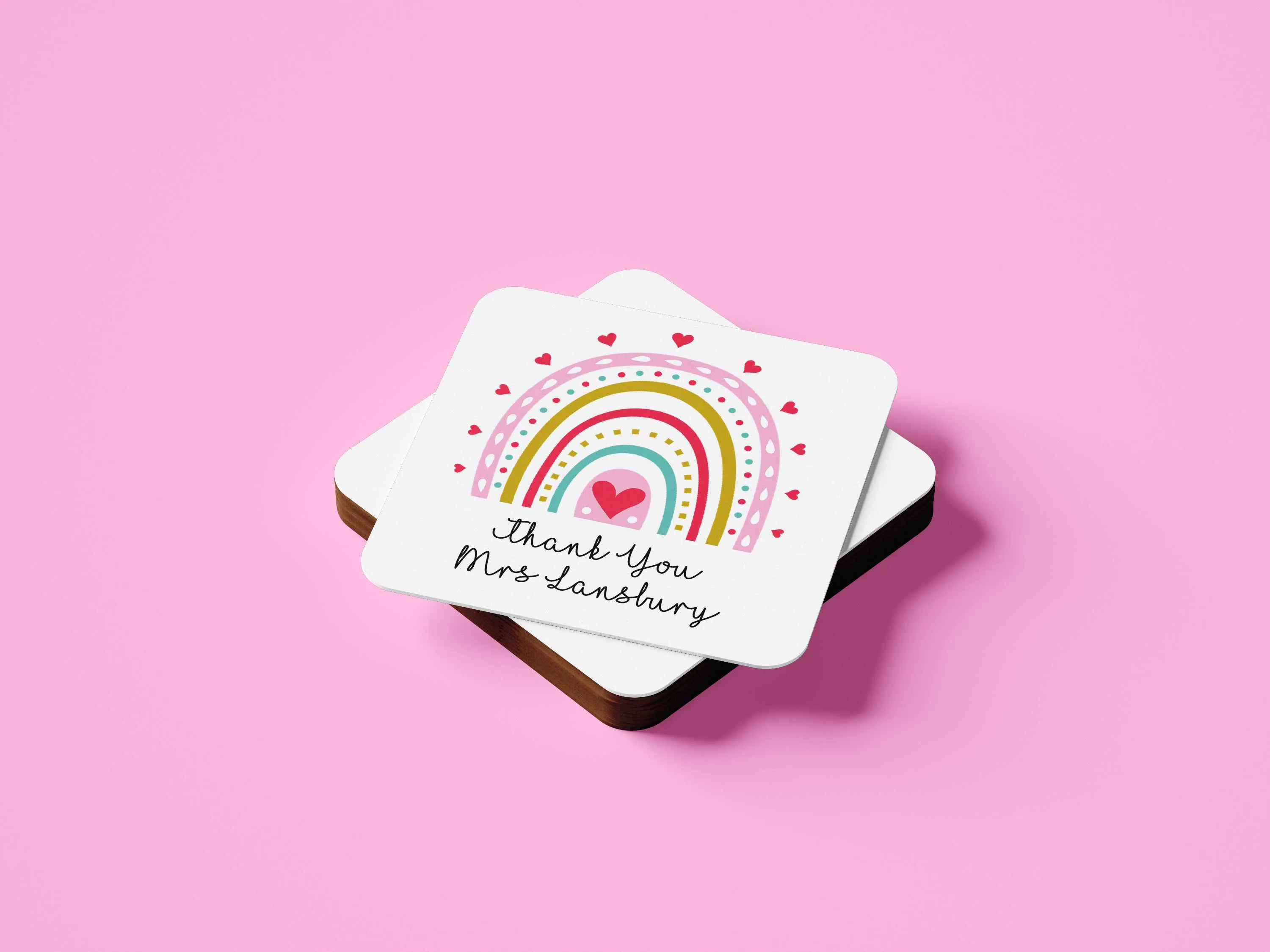 Personalised Thank You Teacher Pink Rainbow Coaster