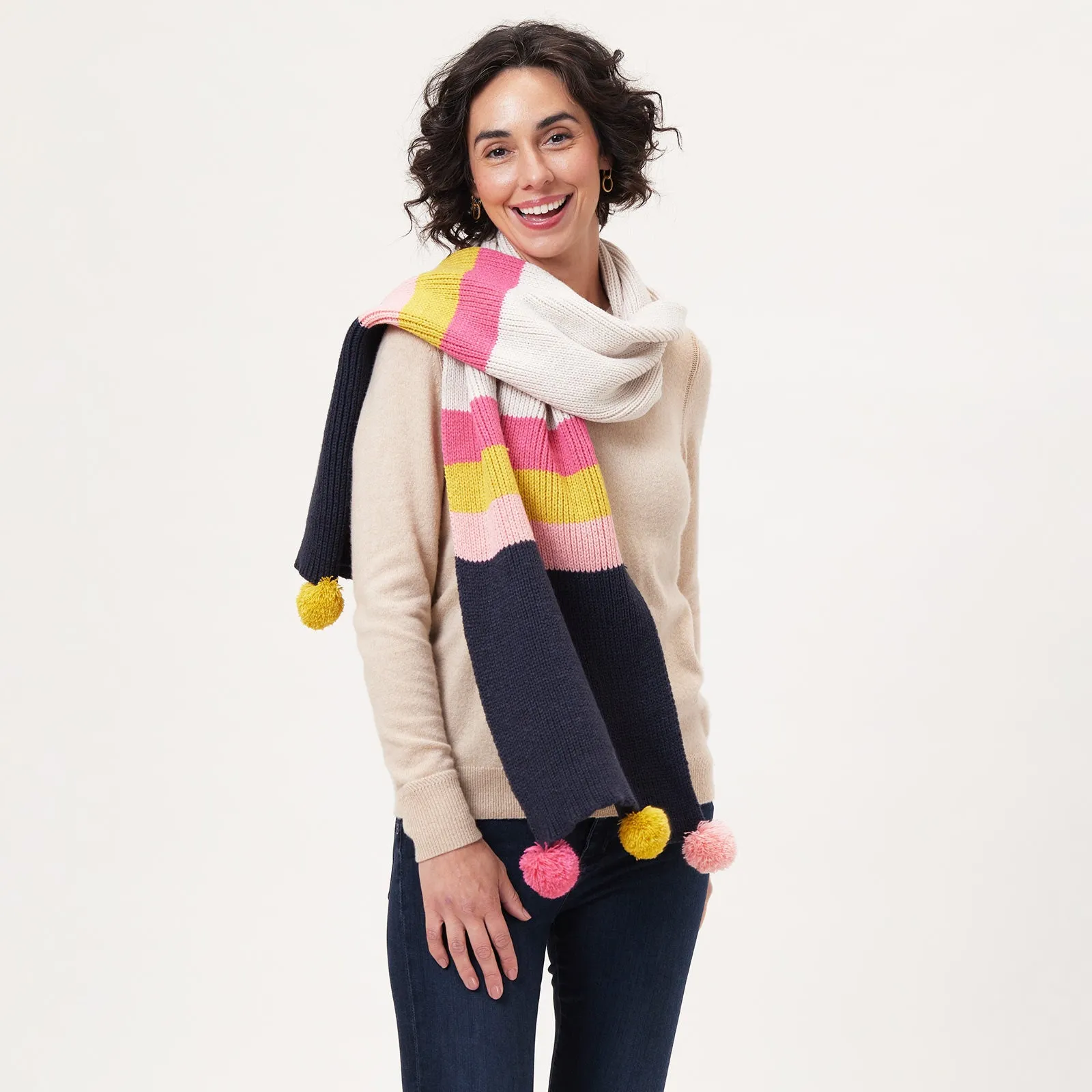 Piccadilly Stripe Navy Pink Knit Pom Pom Scarf