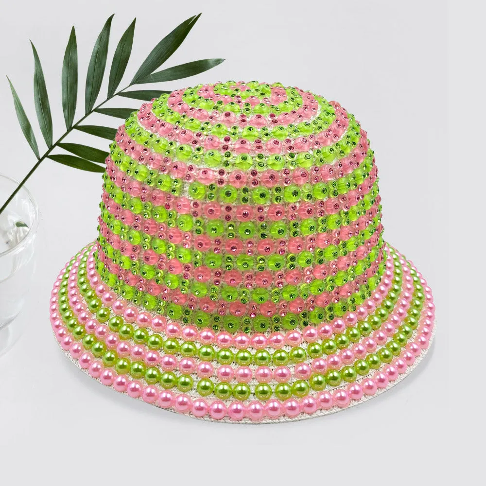 Pink and Green Pearl Rhinestone Bucket Hat