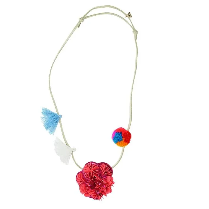 Pink Flower Embellished Kids Pom Pom Necklace