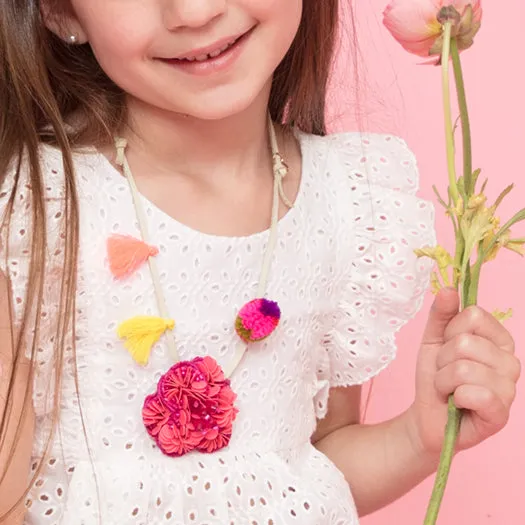 Pink Flower Embellished Kids Pom Pom Necklace