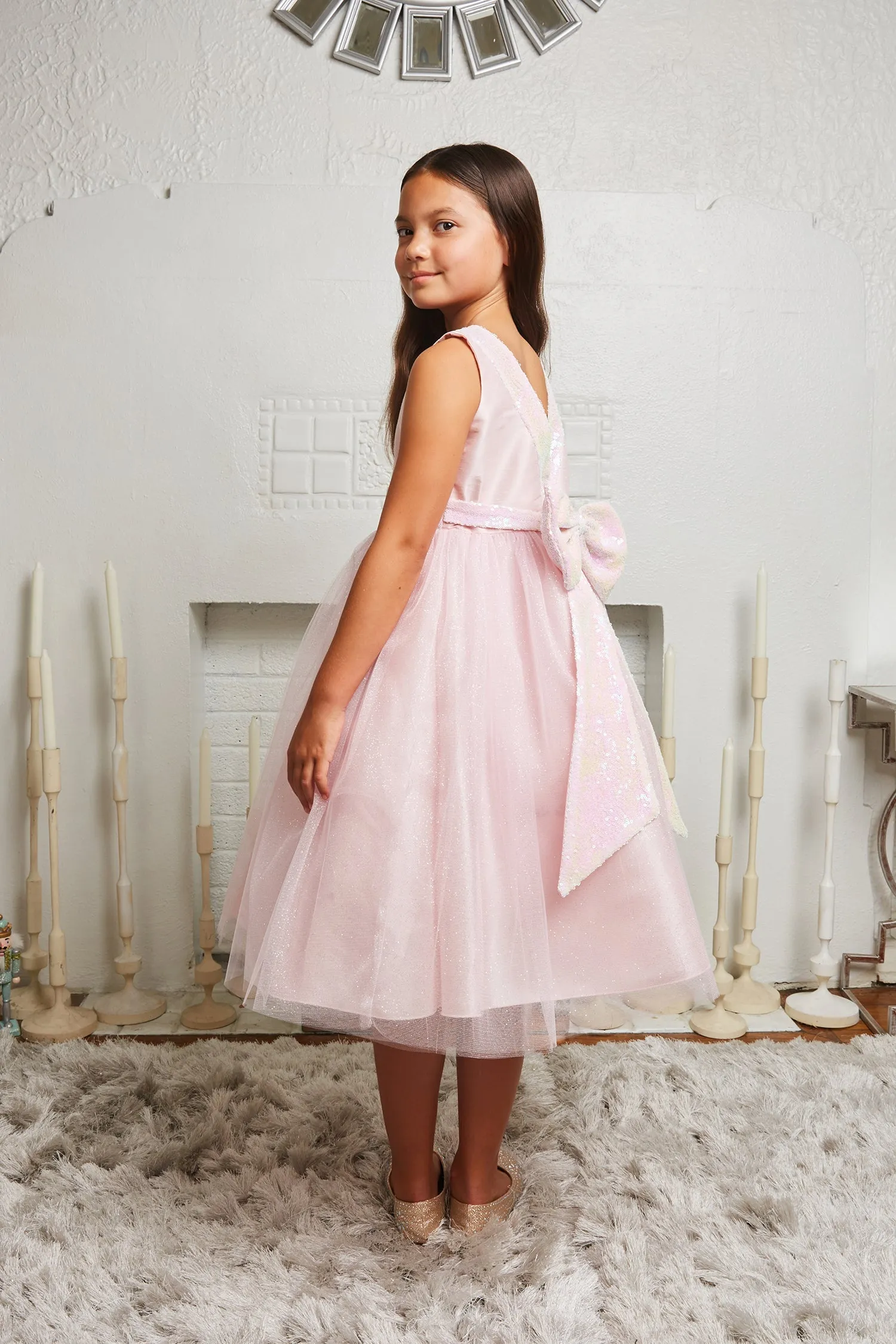 Pink/Iridescent Sequins V Back & Bow Plus Size Girls Dress