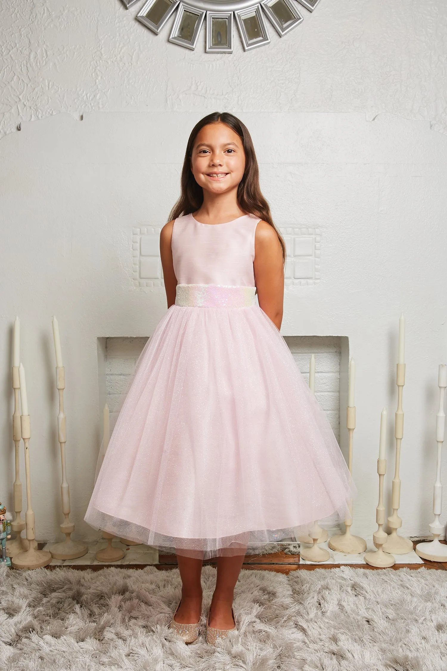 Pink/Iridescent Sequins V Back & Bow Plus Size Girls Dress