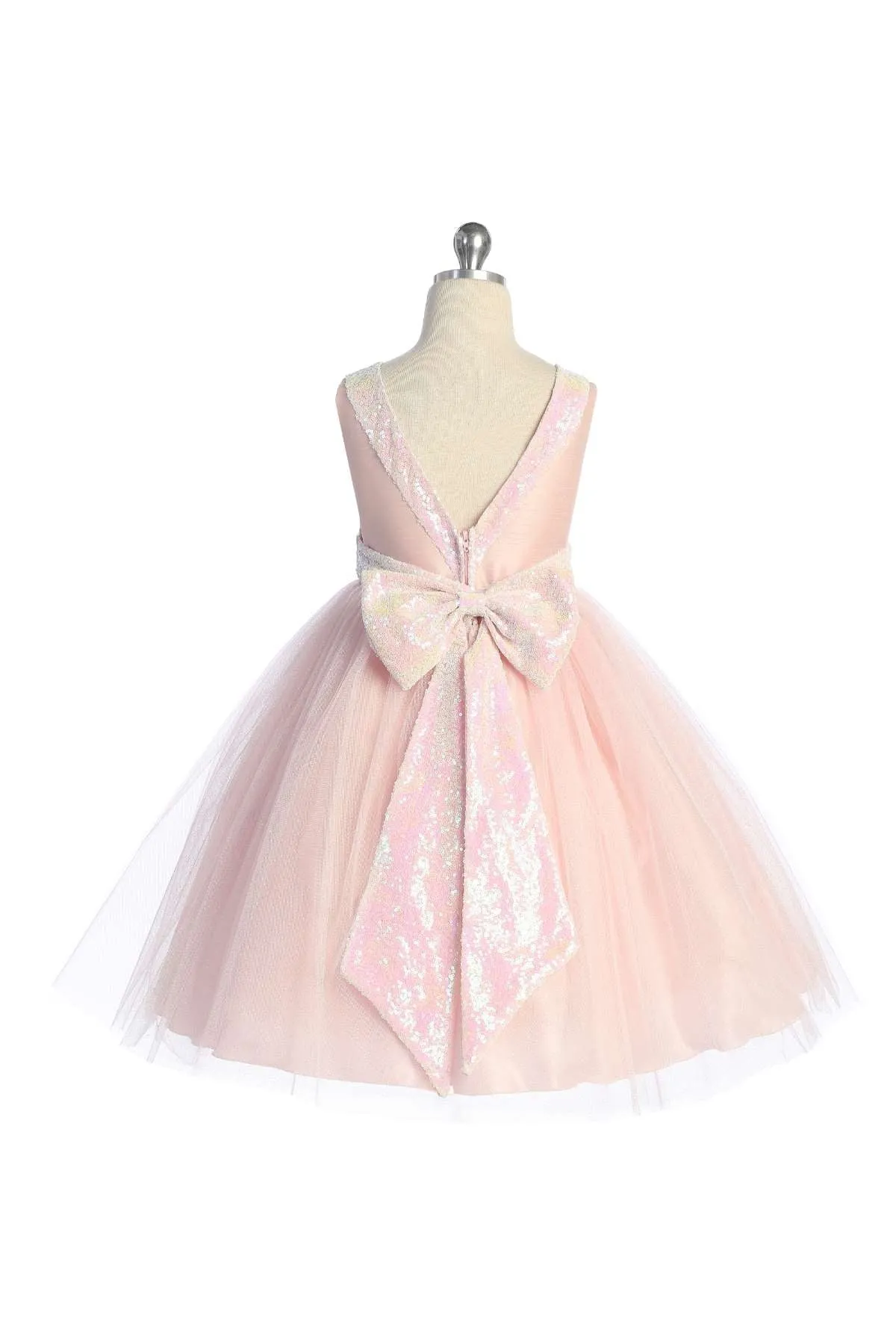 Pink/Iridescent Sequins V Back & Bow Plus Size Girls Dress