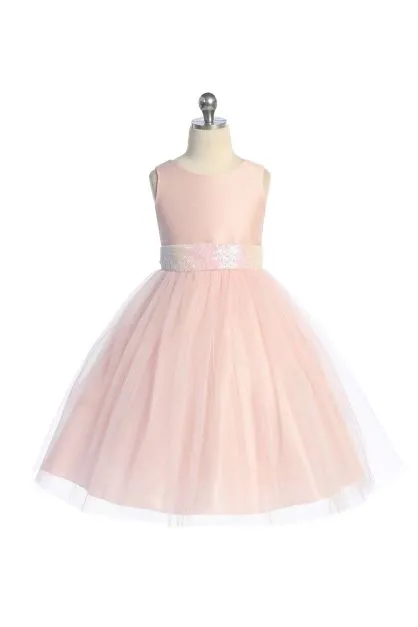 Pink/Iridescent Sequins V Back & Bow Plus Size Girls Dress