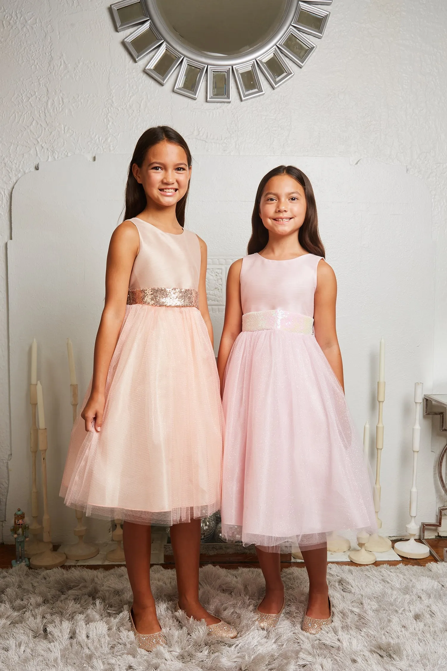 Pink/Iridescent Sequins V Back & Bow Plus Size Girls Dress