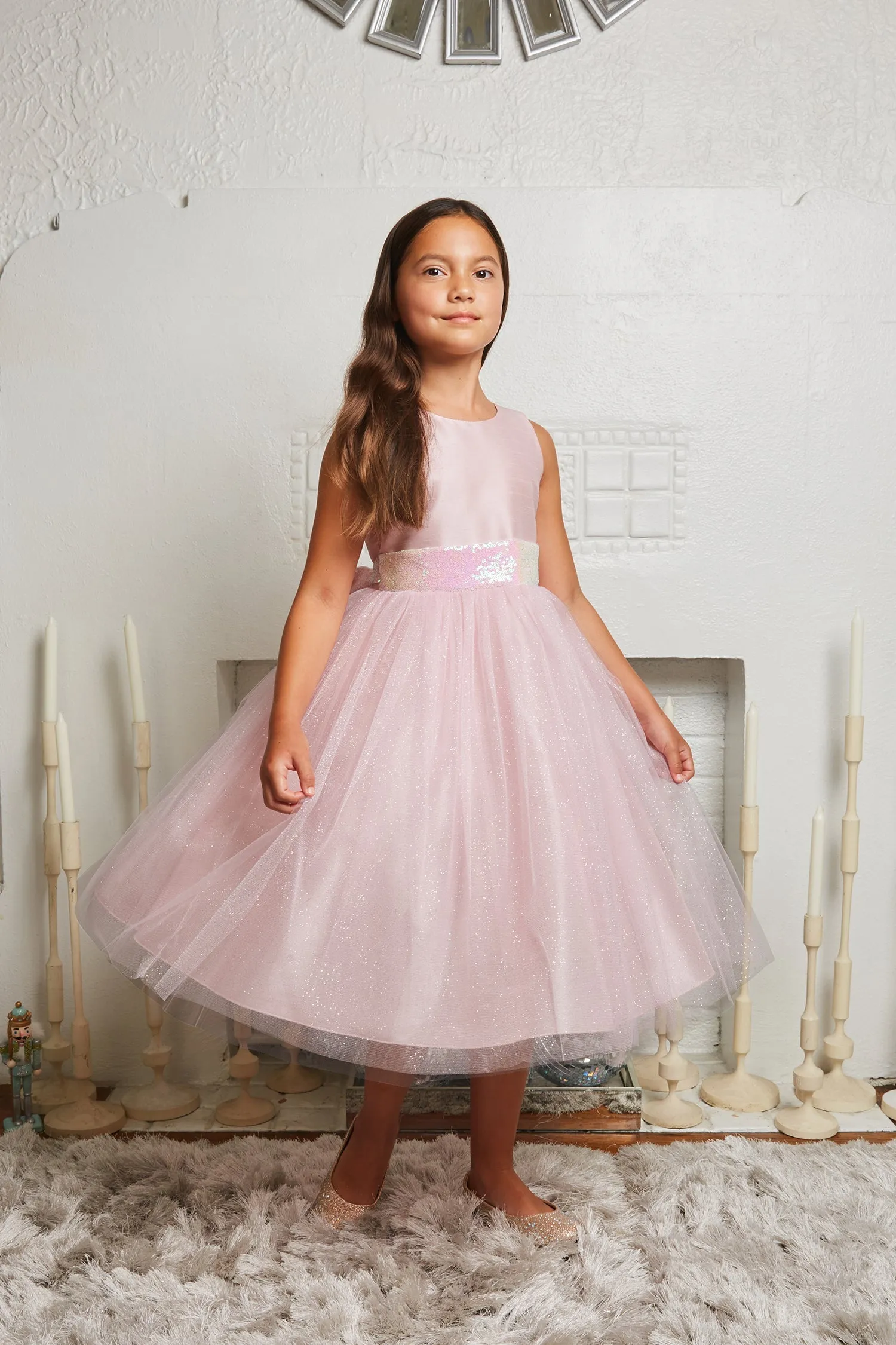 Pink/Iridescent Sequins V Back & Bow Plus Size Girls Dress