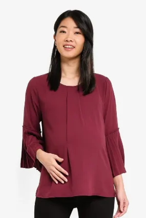 Pleated Long Sleeves Breena Nursing Top Maroon