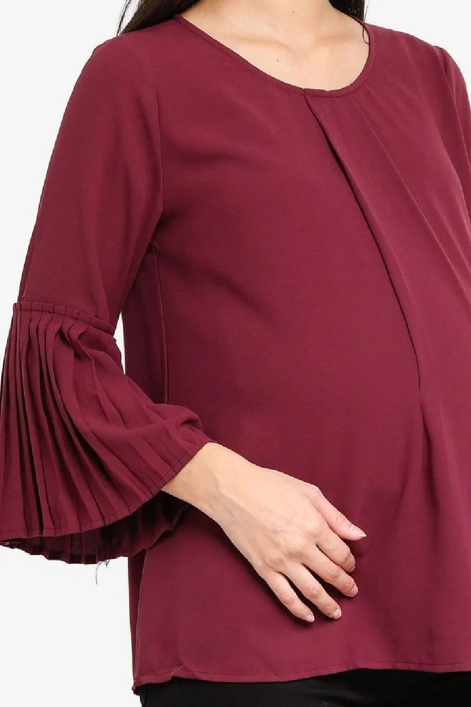 Pleated Long Sleeves Breena Nursing Top Maroon