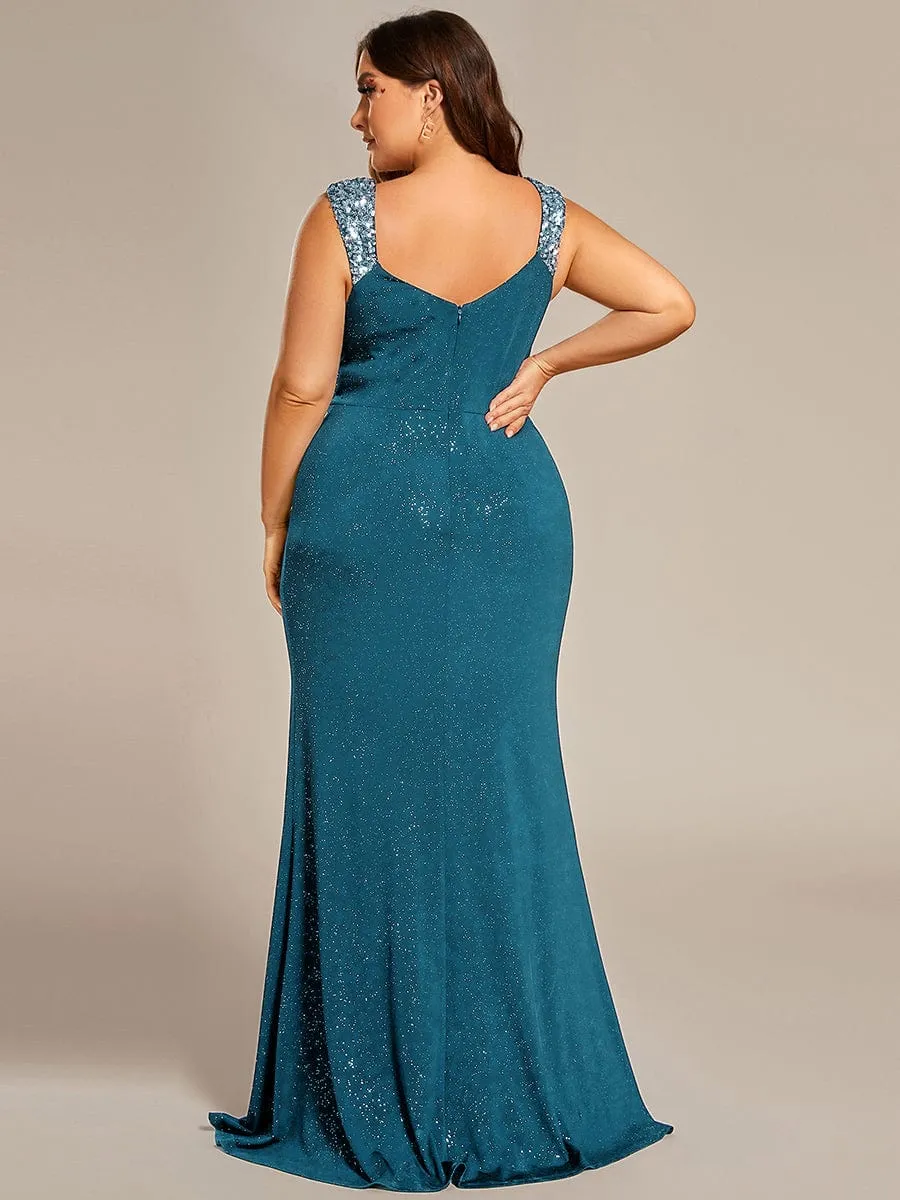 Plus Size Glitter V-Neck High Slit Sequin Shoulder Strap Evening Dress