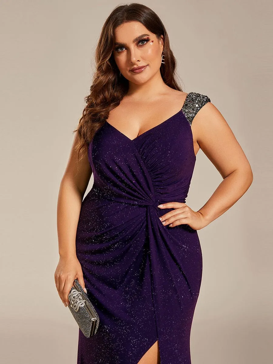 Plus Size Glitter V-Neck High Slit Sequin Shoulder Strap Evening Dress