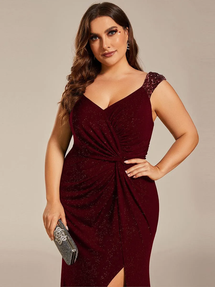 Plus Size Glitter V-Neck High Slit Sequin Shoulder Strap Evening Dress