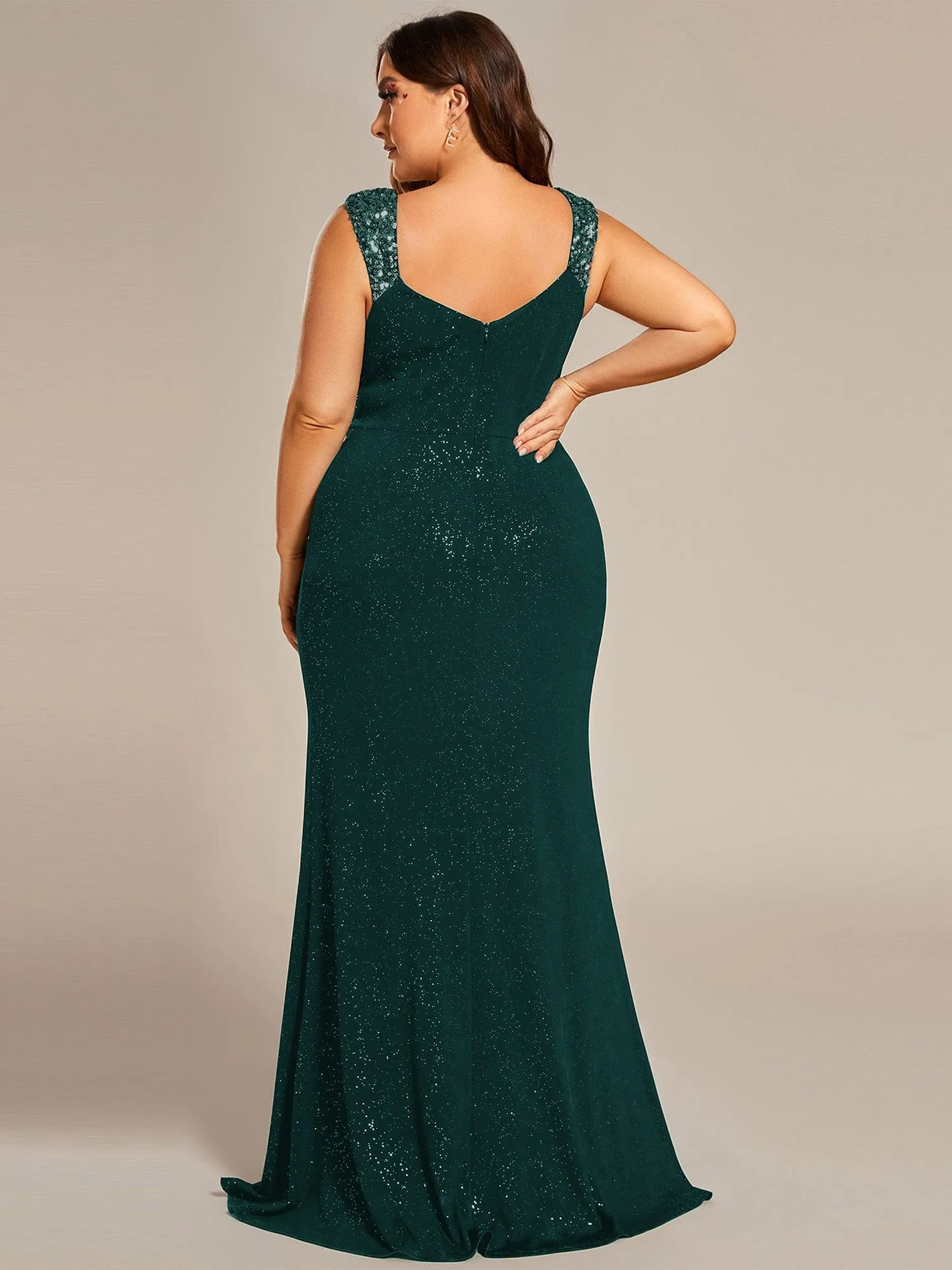 Plus Size Glitter V-Neck High Slit Sequin Shoulder Strap Evening Dress