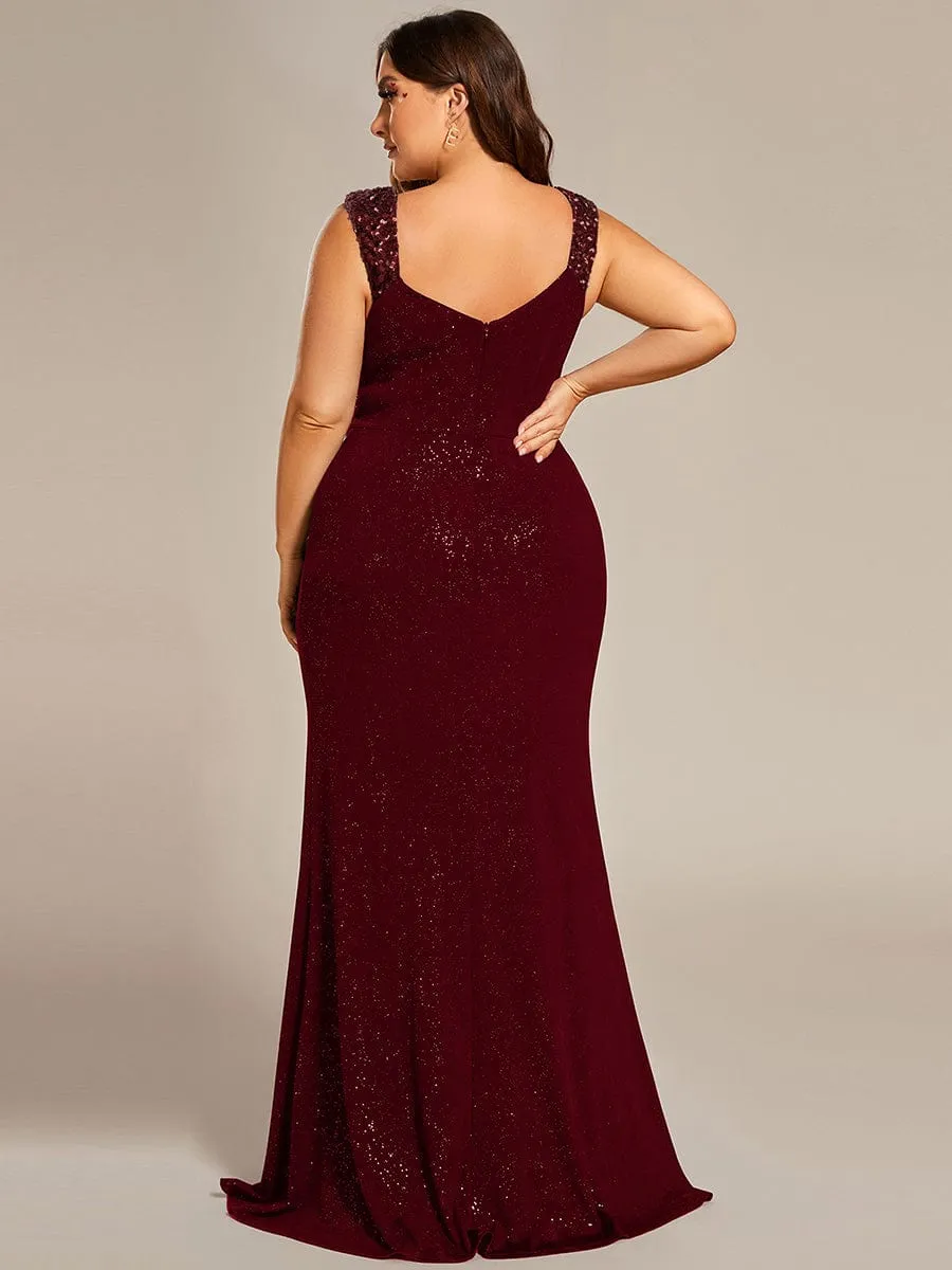 Plus Size Glitter V-Neck High Slit Sequin Shoulder Strap Evening Dress