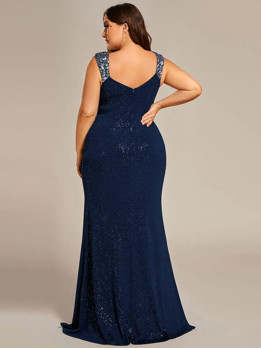 Plus Size Glitter V-Neck High Slit Sequin Shoulder Strap Evening Dress