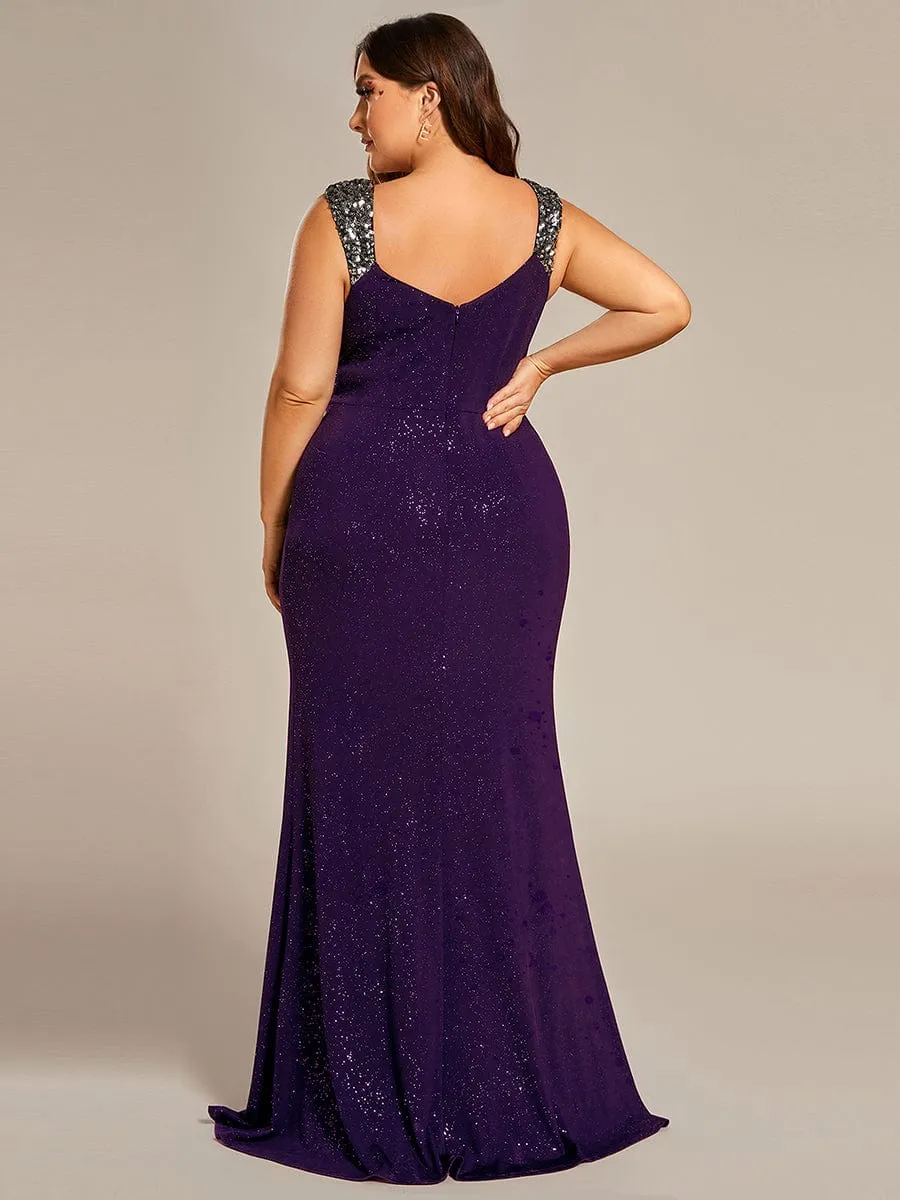 Plus Size Glitter V-Neck High Slit Sequin Shoulder Strap Evening Dress