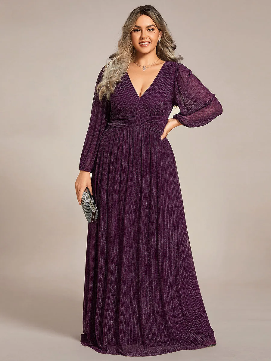 Plus Size Maxi Long Chiffon Waist  V Neck Wholesale Evening Dress with Long Sleeves