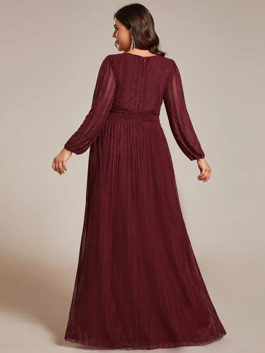 Plus Size Maxi Long Chiffon Waist  V Neck Wholesale Evening Dress with Long Sleeves