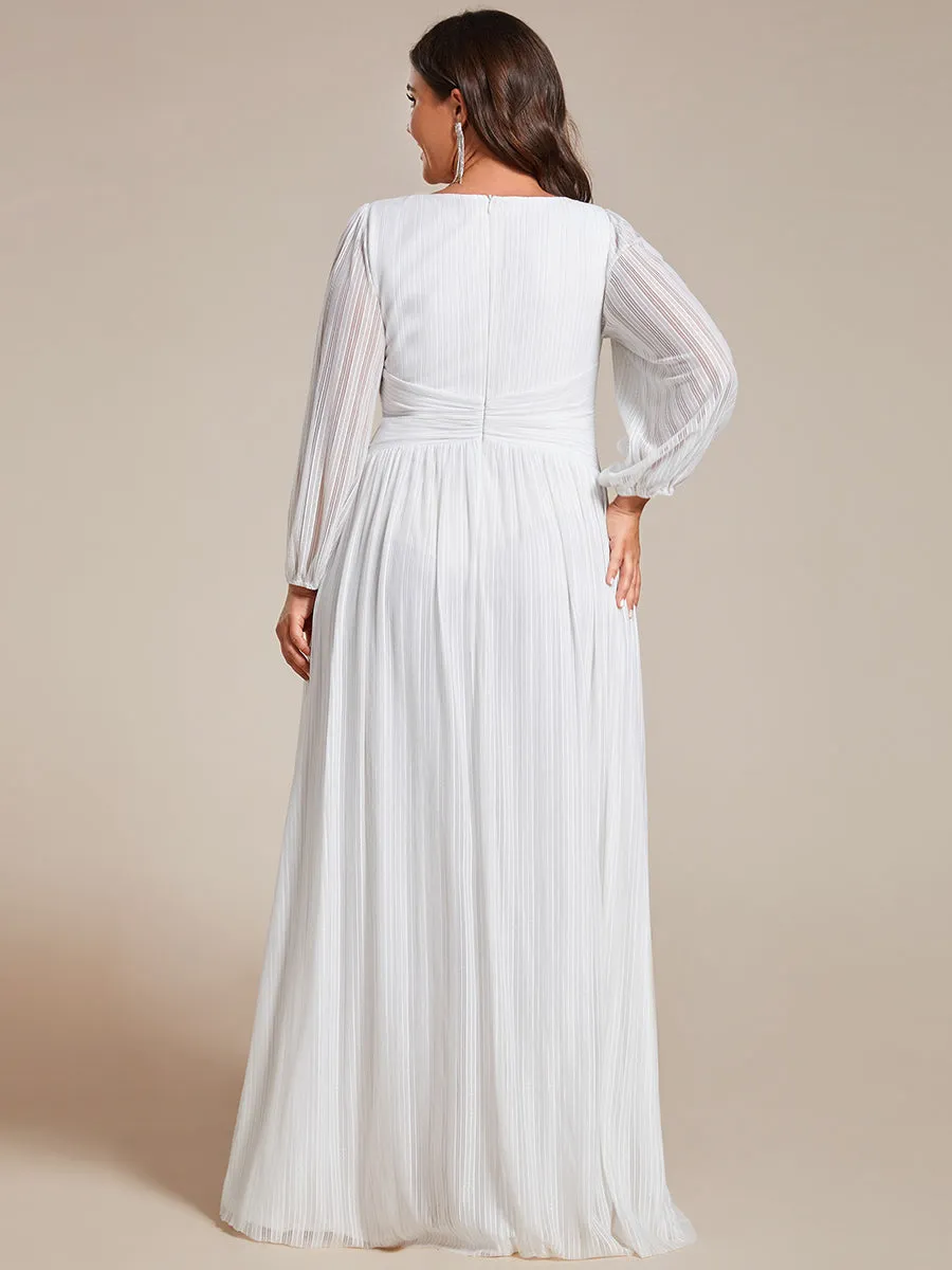 Plus Size Maxi Long Chiffon Waist  V Neck Wholesale Evening Dress with Long Sleeves