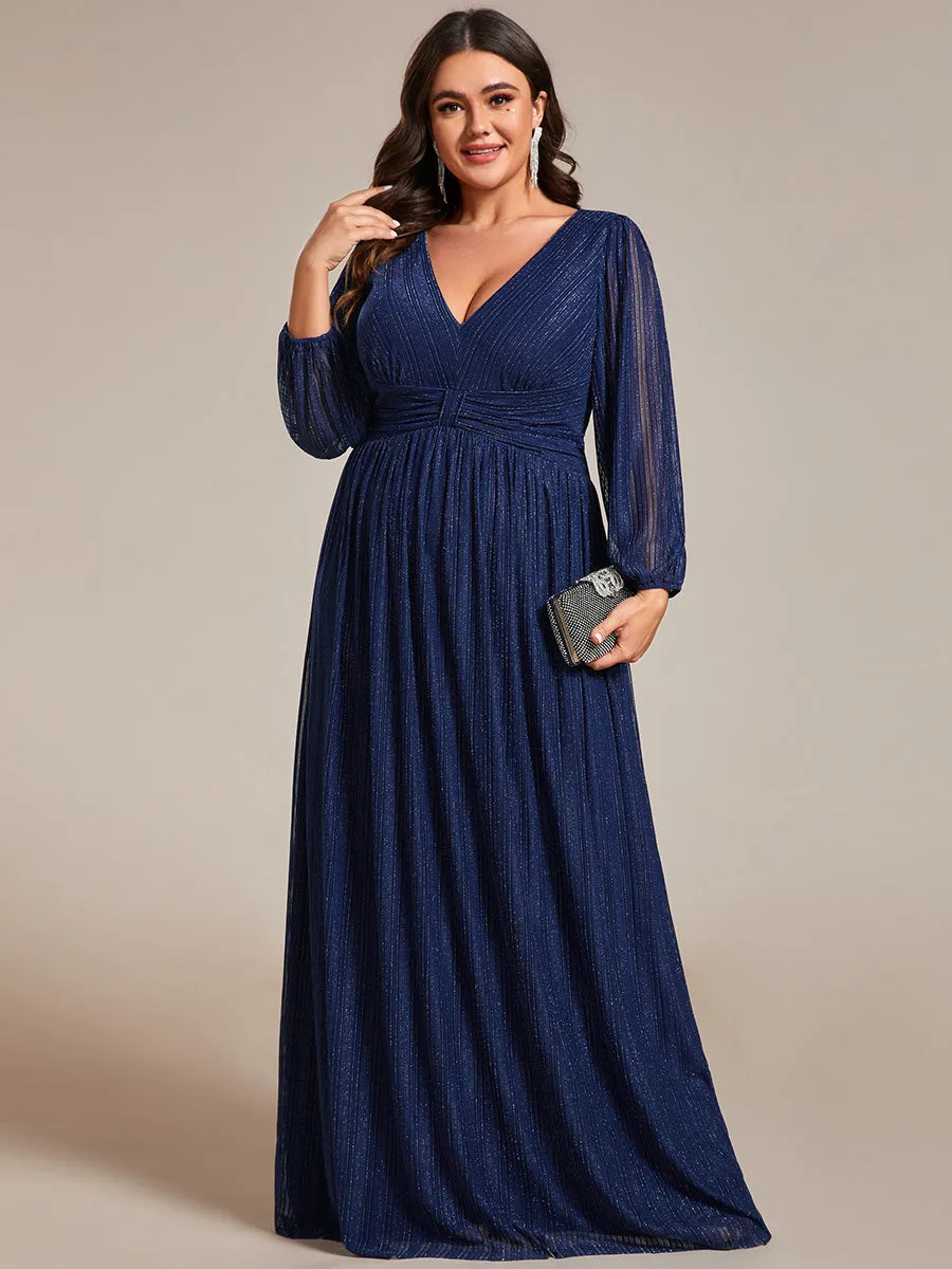 Plus Size Maxi Long Chiffon Waist  V Neck Wholesale Evening Dress with Long Sleeves