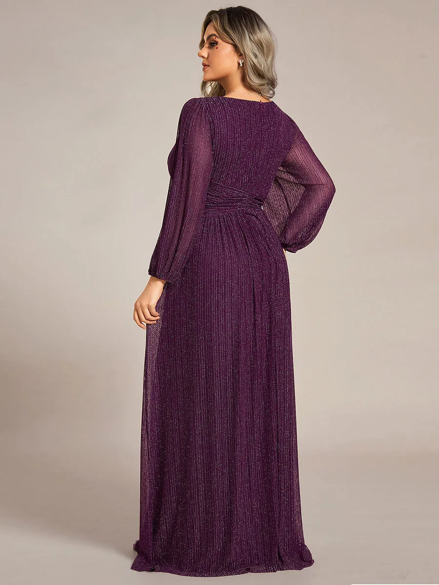 Plus Size Maxi Long Chiffon Waist  V Neck Wholesale Evening Dress with Long Sleeves